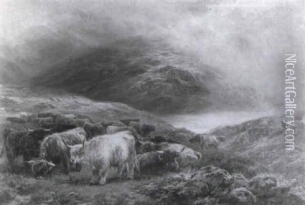Highland Glen With Cattle Grazing In The Foreground Oil Painting - Henry Garland