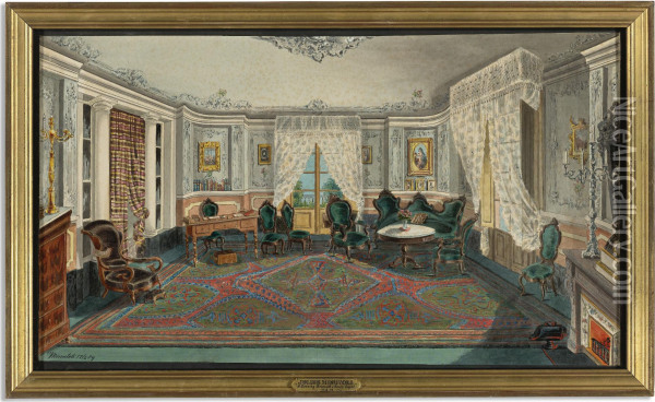 A Drawing Room With With Green Carpet And Upholstered Furniture At The Proxos D'en Xifre, Bacelona Oil Painting - Julius Minutoli