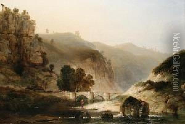 A River Landscape With An Angler In The Foreground Oil Painting - Henry Thomas Dawson