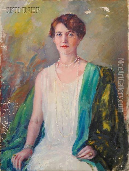 Pearls And Green Shawl/a Portrait Oil Painting - Charles Hovey Pepper