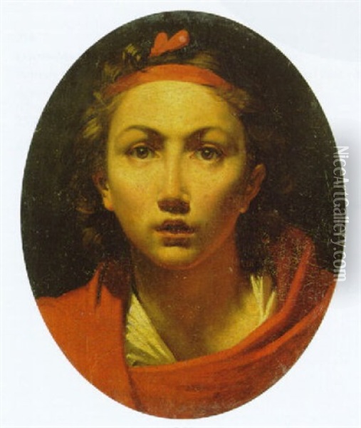 Portrait Of A Girl, Bust-length, With A Red Mantle And Hairband Oil Painting - Pierre-Paul Prud'hon