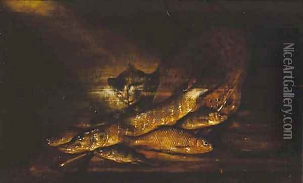 A cat with a pike, perch and other fish and a colander on a ledge Oil Painting - Pieter de Putter
