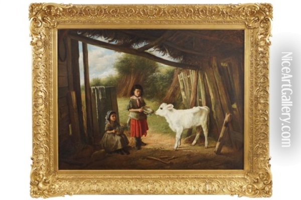 Feeding The Calf Oil Painting - Charles Hunt