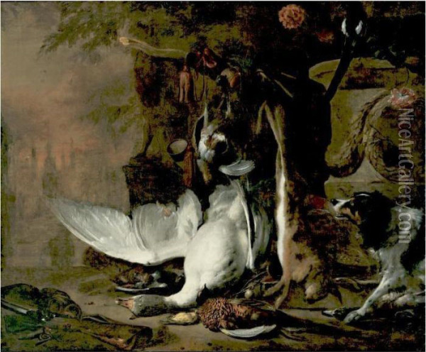 Still Life Of Game Birds And A Hare In A Landscape With A Dog And Hunting Accoutrements Oil Painting - Jan Weenix