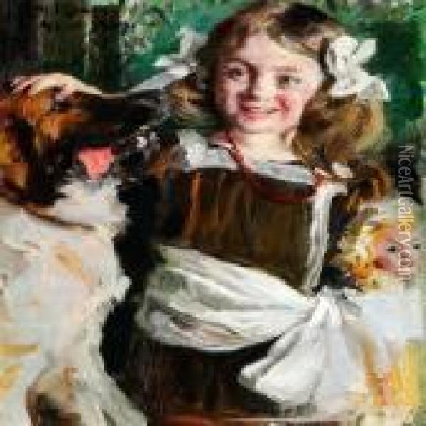 A Little Girl In A Fancy Dress With Her Dog And Her Doll Oil Painting - Peder Severin Kroyer