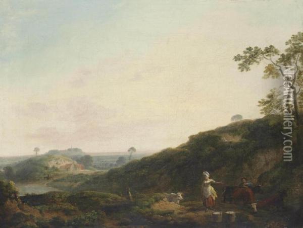 A Wooded Landscape With Peasants And Cattle On A Track Oil Painting - Julius Caesar Ibbetson