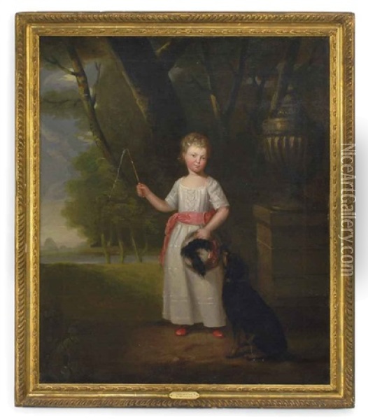 Portrait Of A Young Girl, Standing, In A White Dress With A Pink Sash And Shoes, A Dog By Her Side In A Landscape Oil Painting - Ramsay Richard Reinagle