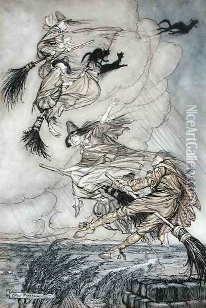 Hey Up the Chimney Lass Hey After you, illustration in The Ingoldsby Legends of Mirth and Marvels, 1907 Oil Painting - Arthur Rackham