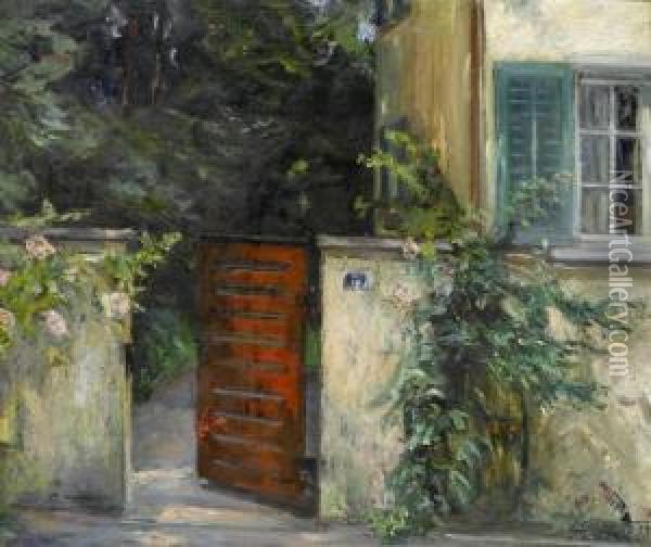 Village Street With Red Gate Oil Painting - Alfred Marxer