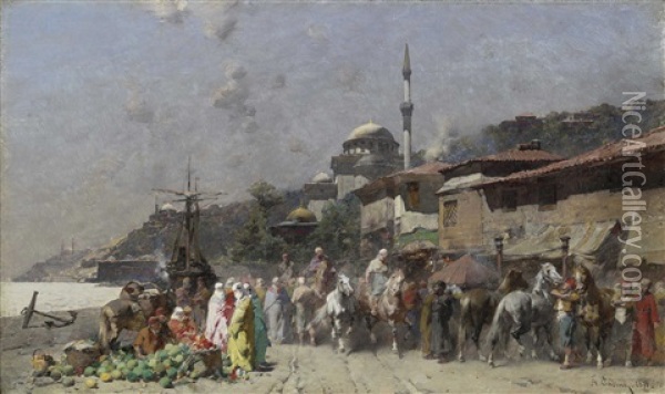 Marketplace On The Bosporus, Constantinople And The New Mosque Beyond Oil Painting - Alberto Pasini