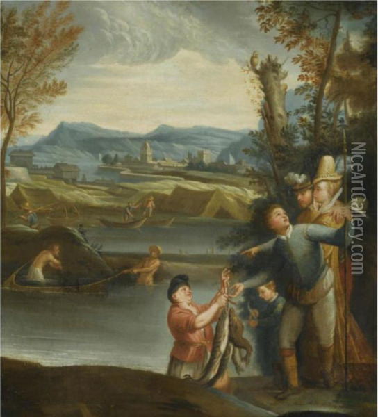 A Landscape With An Elegant Couple Buying Fish From A Fisherman Oil Painting - Annibale Carracci
