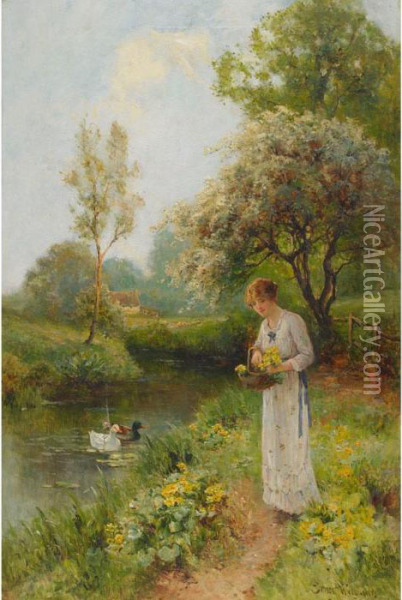 Lady Feeding Ducks; Lady In A Garden Oil Painting - Ernst Walbourn