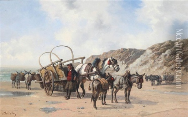 Beach View With Fisherman, Donkeys, Horses And Cart Oil Painting - Paul Van Der Vin