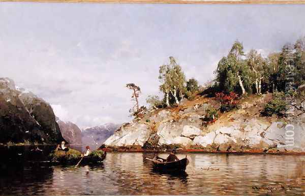 Gathering Hay on the Fjord, 1876 Oil Painting - Georg Anton Rasmussen