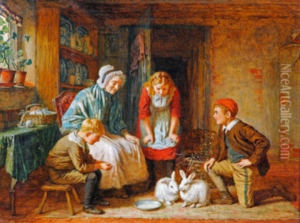 Feeding The Rabbits And The Chess Game (a Pair) Oil Painting - Robert W. Wright