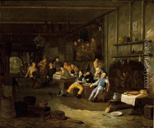 An Interior Of An Inn With Peasants Smoking, Drinking And Eating Around Tables Together With A Violin Player And A Dancing Peasant Oil Painting - Egbert van Heemskerck the Younger