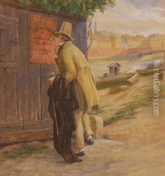 Gentleman Studying A Wine Festival Poster By The River Oil Painting - Otto Nowak
