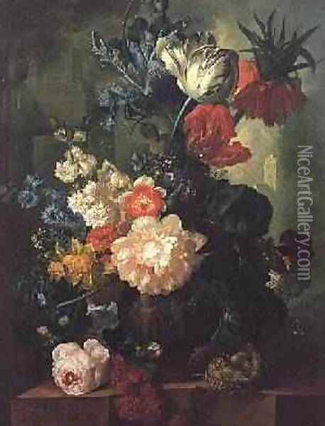 Roses, Tulips, Carnations and other flowers in a sculptured urn Oil Painting - Jan van Os