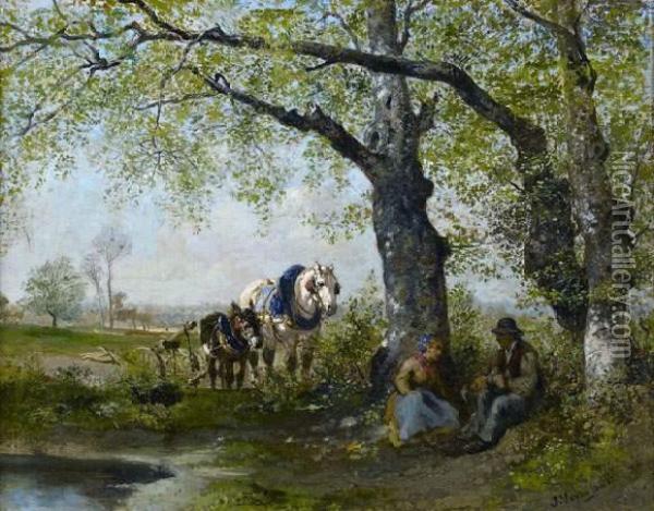 Paysans Et Chevaux Dans Un Paysage Oil Painting - Jules Jacques Veyrassat