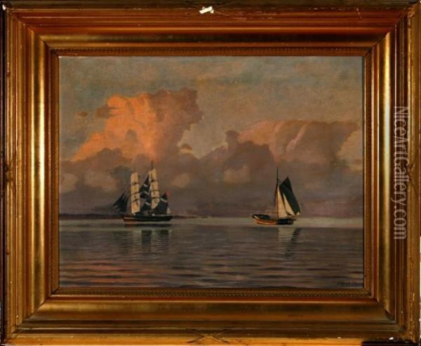 A Coastal Scenery With Two Sailing Ships In The Evening Sun Oil Painting - Alfred Theodor Olsen