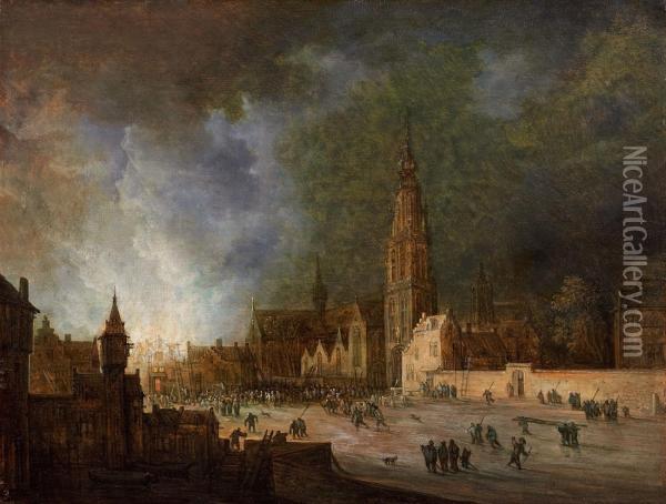 Ansicht Auf Die Kathedrale Von Antwerpen Bei Nacht Oil Painting - Frans de Momper