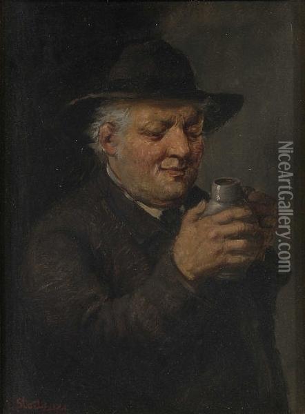A Refreshing Drink, And Peasant Smoking Oil Painting - Carl Siegfried Stoitzner