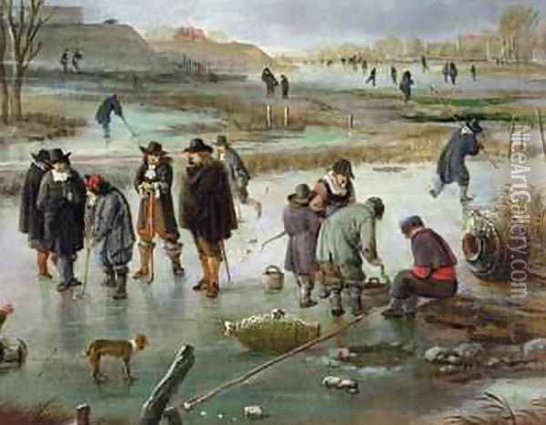 Ice Skating outside the City Walls detail of ice hockey players Oil Painting - Aert van der Neer