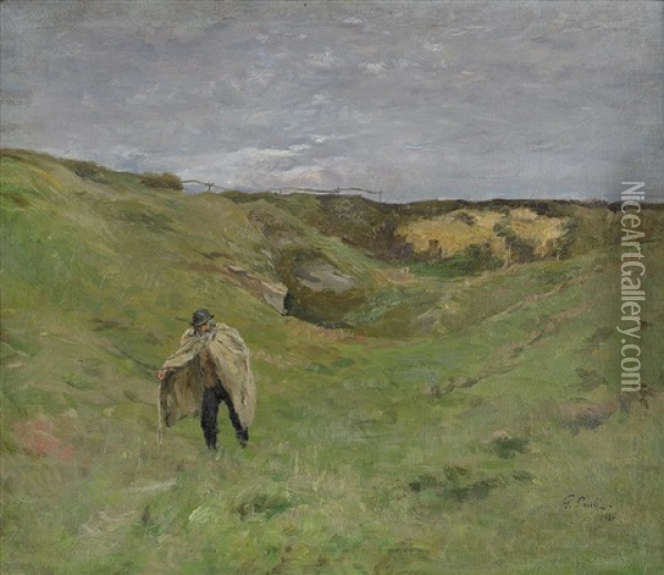 Vandrande Man I Landskap Oil Painting - Georg Pauli