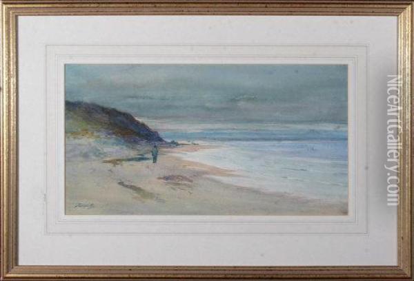 A Solitary Figure On A Northern Beach Oil Painting - Thomas Swift Hutton