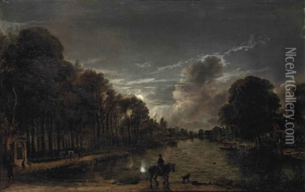 A Moonlit Wooded Landscape With A Horseman And Other Figures By A Canal, A Town Beyond Oil Painting - Aert van der Neer