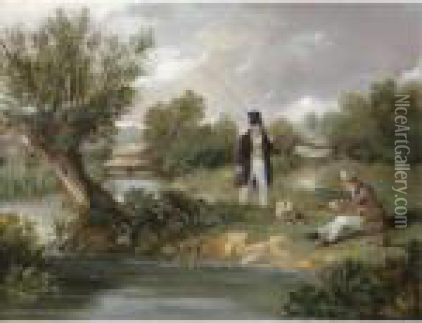 Two Gentleman Fishing By A Stream Oil Painting - Samuel John Egbert Jones
