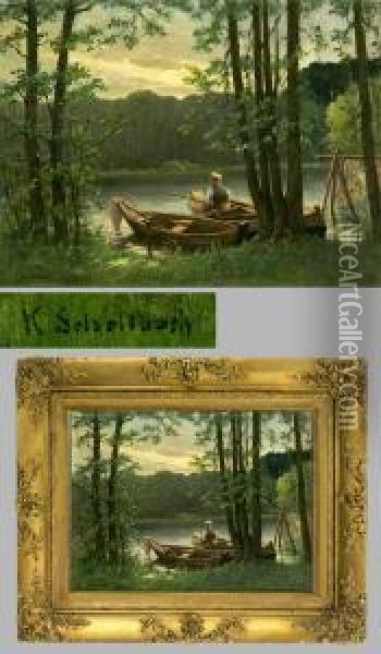 Angler Mit Booten Am Waldsee Oil Painting - Karl Hermann Schellback