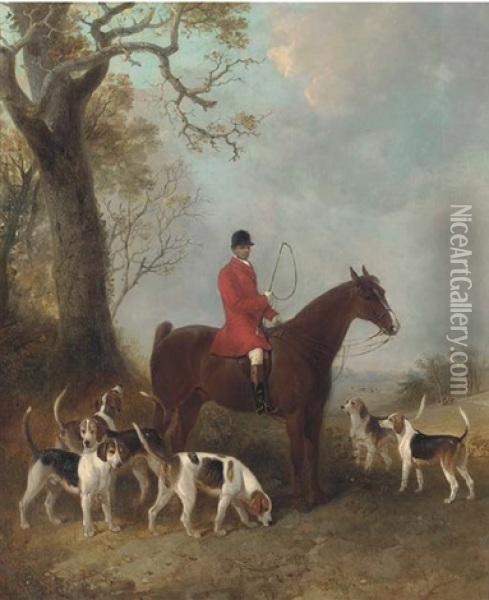 A Master On Horseback With Six Hounds, A Hunt Beyond Oil Painting - James Walsham Baldock