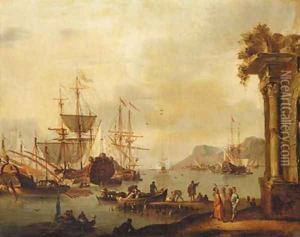 A Mediterranean harbor with merchants Oil Painting - Johannes Lingelbach