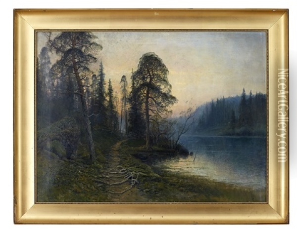 Skogsstig Invid Sjo I Skymning Oil Painting - Johan Kindborg