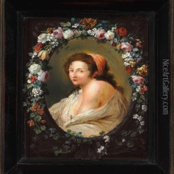 Portrait Of A Woman In An Oval Medallion Surrounded By A Flower Wreath Oil Painting - Johann Amandus Winck
