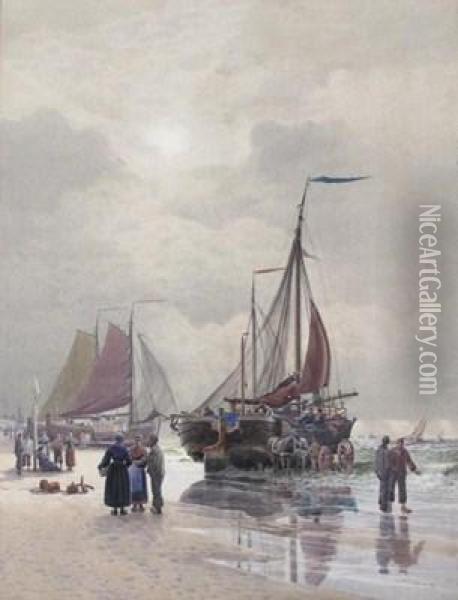 Fisherfolk On The Shore Oil Painting - William Edwards Croxford