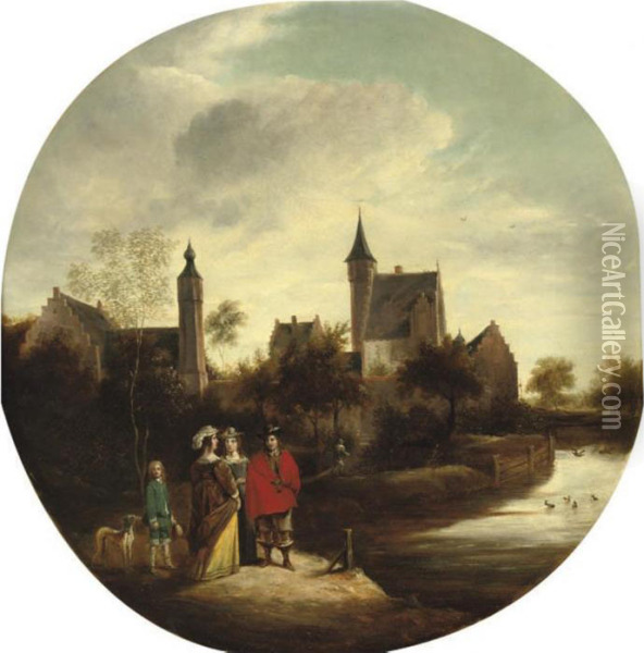 Elegant Figures In A River Landscape Near A Town Oil Painting - David The Younger Teniers