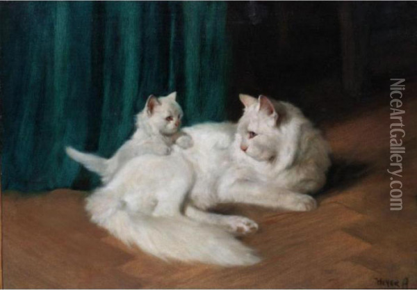 Feline With Her Kitten Oil Painting - Arthur Heyer