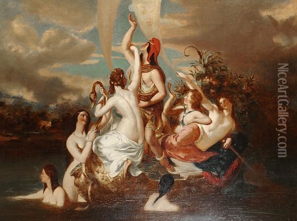 Water Nymphs Ferrying A Young Warrior Over A River Oil Painting - William Edward Frost