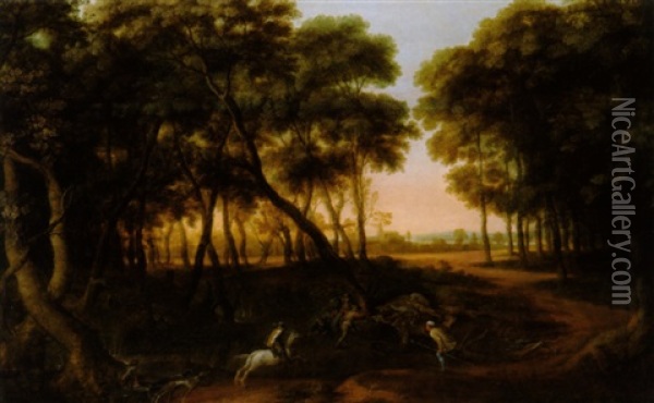 Wildschweinjagd In Einer Bewaldeten Flusslandschaft Oil Painting - Jan Hackaert