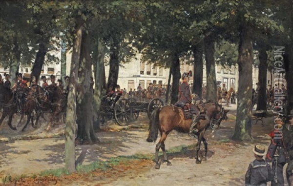 A Military Procession On The Lange Voorhout, The Hague Oil Painting - Jan Hoynck Van Papendrecht