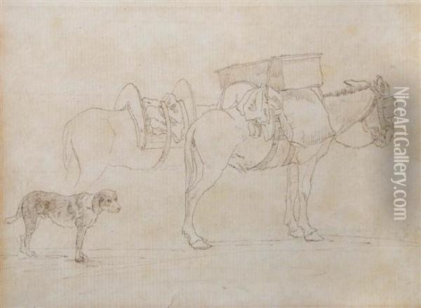 Study Of Two Donkeys With A Hound Oil Painting - John White Abbott