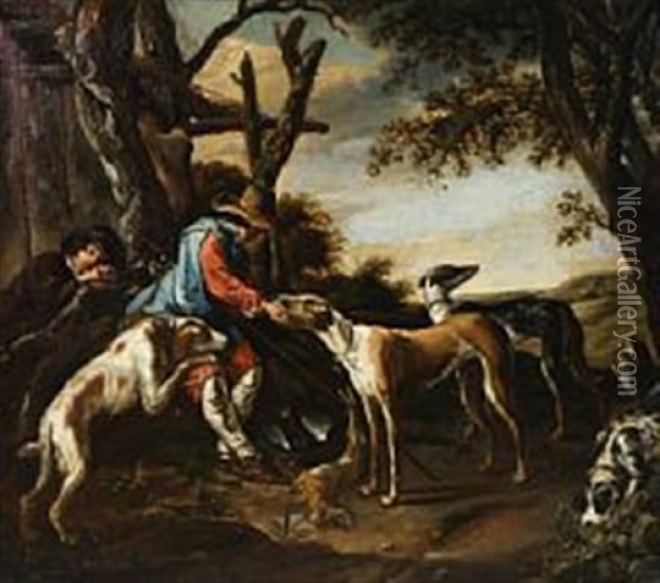 Hunters Resting With Their Dogs Oil Painting - Abraham Danielsz Hondius