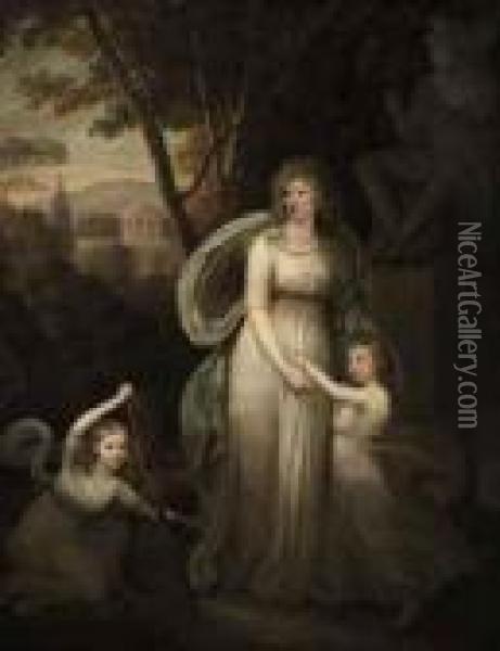 Portrait Of A Lady, With Two 
Children, Possibly Members Of Thelichtenau Family, Full-length, In A 
Classical Landscape Oil Painting - Hugh Douglas Hamilton