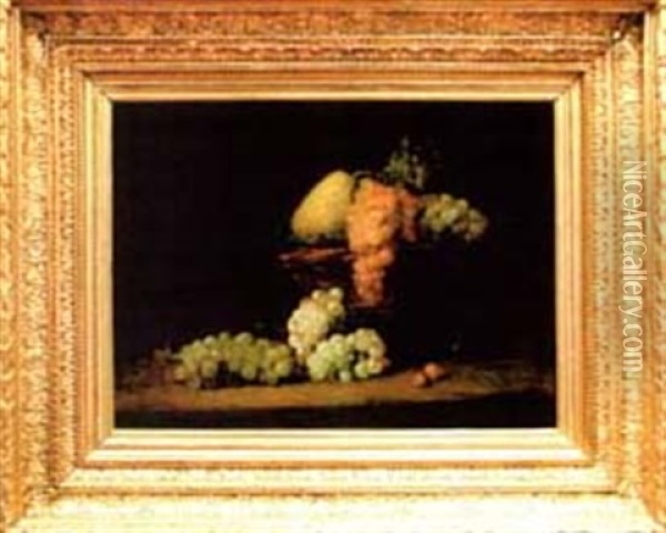 Nature Morte Aux Raisins, Prunes Et Poire Oil Painting - Denis Pierre Bergeret