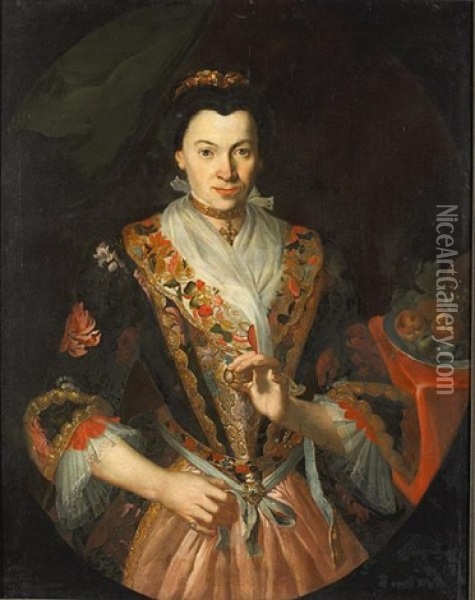 A Portrait Of A Lady, Half-length, Wearing An Embroidered Gown, Holding A Ring Oil Painting - Rosina Christiana Ludovica Matthieu