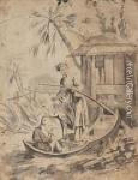 Chinoiserie - Fischerin Und Knabe Auf Einem Boot Oil Painting - Jean-Baptiste Pillement
