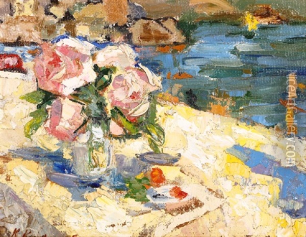 Roses On A Sand Beach, Gurzuf, Crimea Oil Painting - Konstantin Alexeievitch Korovin
