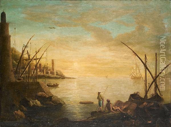 A Mediterranean Harbour At Sunset Withfishermen Resting On Rocks In The Foreground Oil Painting - Claude-joseph Vernet